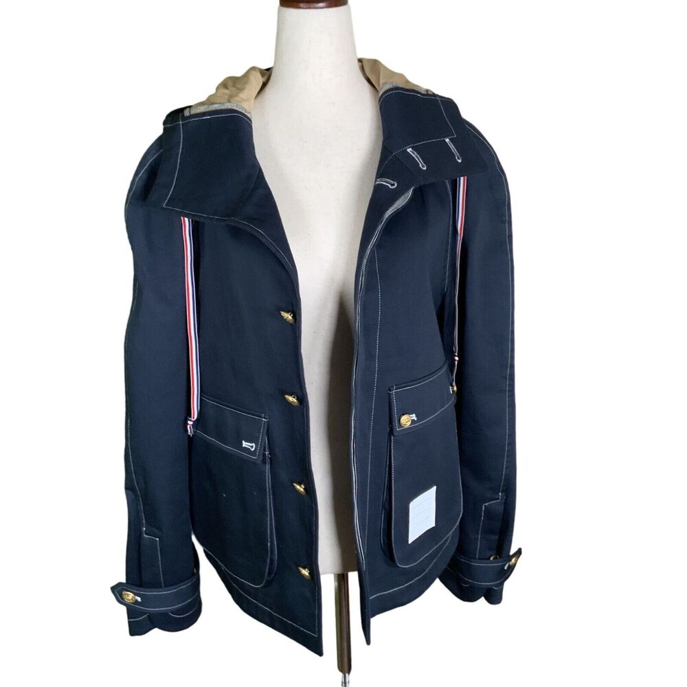 Thom Browne Navy Hooded Coat Jacket Light Parka With Gold Button Accents Size M